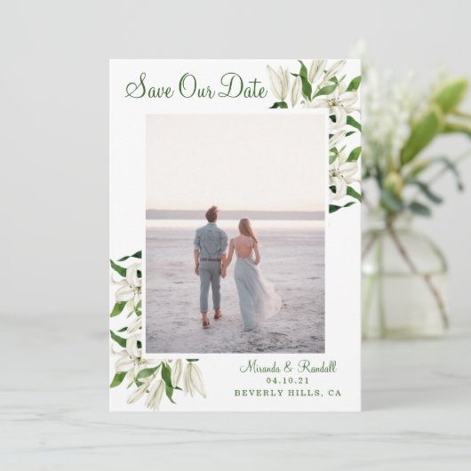 植物学モダンの|白いリリーの額縁写真 セーブザデート (スタンド正面)