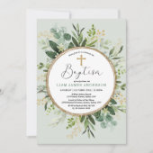 植物学モダン的緑金ゴールドリース洗礼 招待状 (正面)