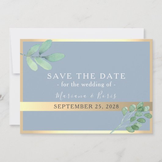 植物学的なダスティーブルーの結婚式のSave The Date セーブザデート (正面)