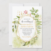 植物学的なピンクグリーン金ゴールド幾何学フレ結婚ーム 招待状 (正面)