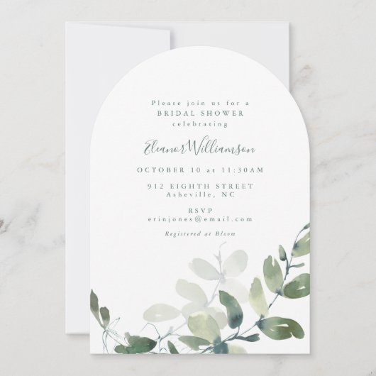 植物学的なユーカリのボヘミアンスタイルのアーチ型のウェディングシャワーデコレーション 招待状 (正面)