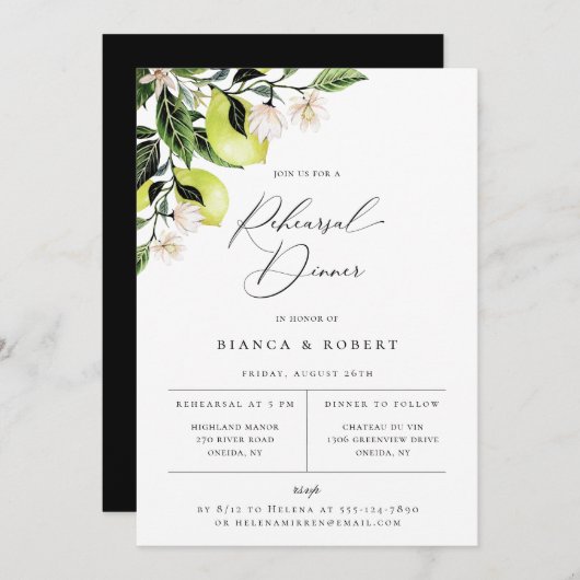 植物学的なレモンのリハーサルディナー招待状 案内状 (正面/裏面)