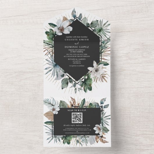 植物学的な白い花と幾何学的な結婚式と出欠確認 オールインワン招待状 (内側)