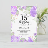 植物学的な紫の花の15歳の誕生日パーティーの招待状 招待状 (スタンド正面)