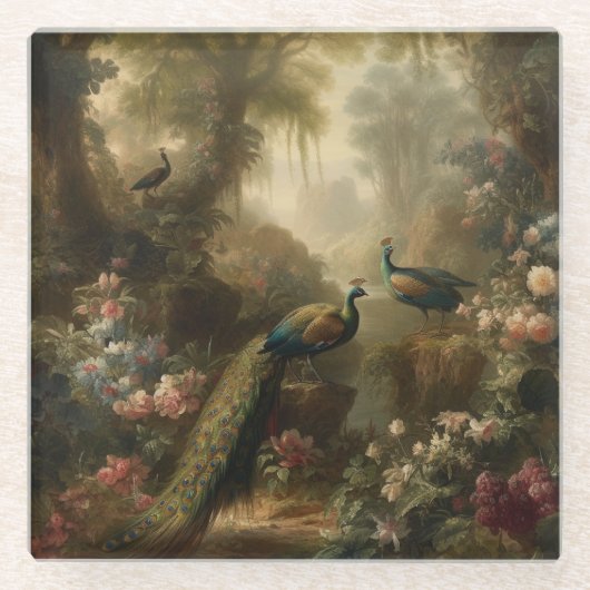植物学：イギリスの庭で3本の孔雀 ガラスコースター (正面)