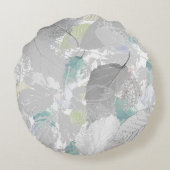 植物学，グレー，葉ターコイズ，白とグレー ラウンドクッション (裏面)