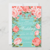 植物性かわいらしティール（緑がかった色）とサンゴフローラ結婚ズ 招待状 (正面)