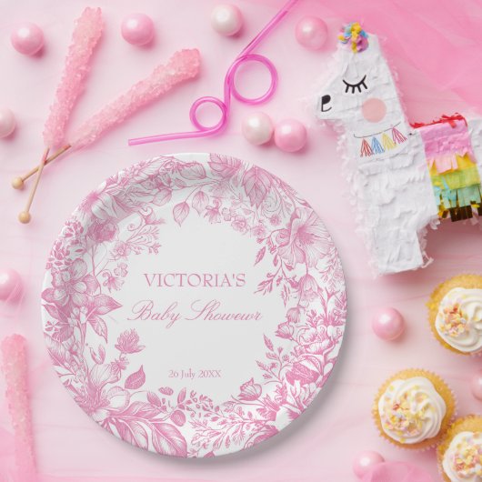 植物性のエレガントほこりっぽいピンクの赤ちゃんシャワー印刷 ペーパープレート (パーティー)
