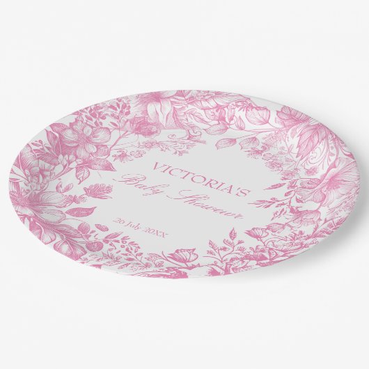 植物性のエレガントほこりっぽいピンクの赤ちゃんシャワー印刷 ペーパープレート (アングル)