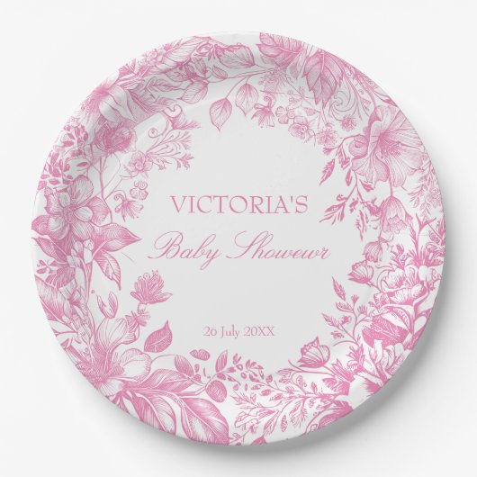 植物性のエレガントほこりっぽいピンクの赤ちゃんシャワー印刷 ペーパープレート (正面)