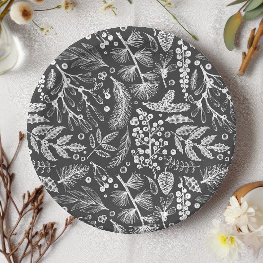 植物性のクリスマスリーフ松の実のパターン ペーパープレート