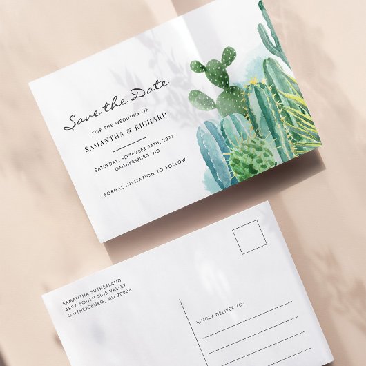 植物性のサボテン水色の結婚式の日付を保存 案内ポストカード