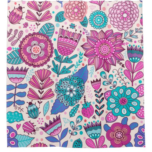 植物性のドードル花、シームレス、ヴィンテージテクスチャ。 シャワーカーテン (正面)