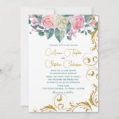 植物性のブーケとフェイク金ゴールドグリッター渦巻き 招待状 (正面)