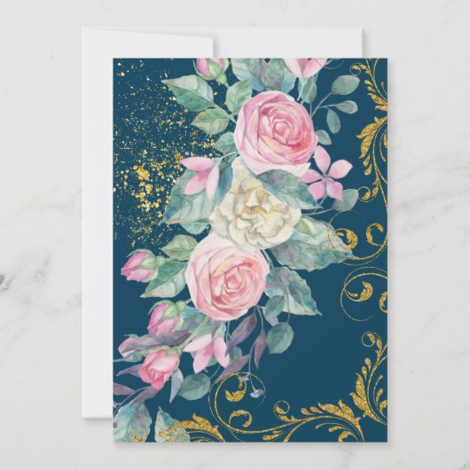 植物性のブーケとフェイク金ゴールドグリッター渦巻き 招待状 (裏面)