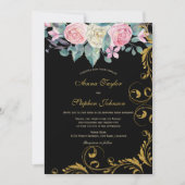 植物性のブーケとフェイク金ゴールドグリッター渦巻き 招待状 (正面)