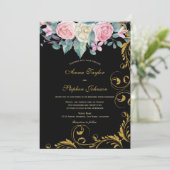 植物性のブーケとフェイク金ゴールドグリッター渦巻き 招待状 (スタンド正面)