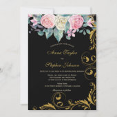 植物性のブーケとフェイク金ゴールドグリッター渦巻き 招待状 (正面)