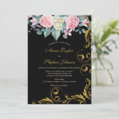 植物性のブーケとフェイク金ゴールドグリッター渦巻き 招待状 (スタンド正面)