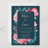 植物性の北欧ブルーグリーンピンク結婚フローラ 招待状 (正面)