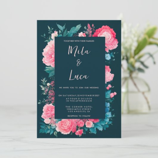 植物性の北欧ブルーグリーンピンク結婚フローラ 招待状 (スタンド正面)