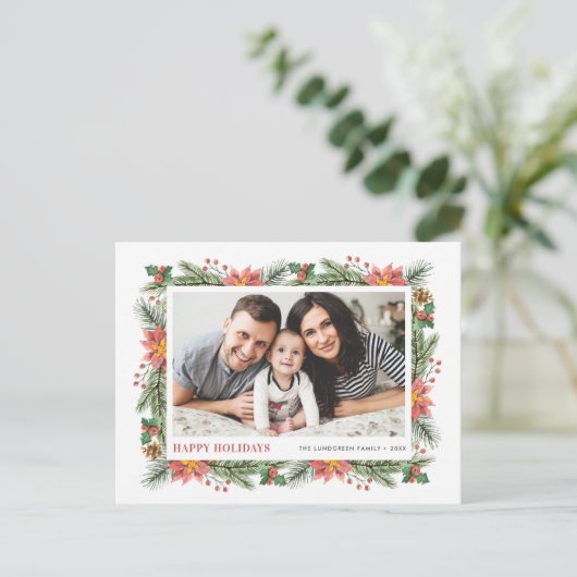 植物性の松の針とポインセチアのフレーム写真 シーズンポストカード (スタンド正面)