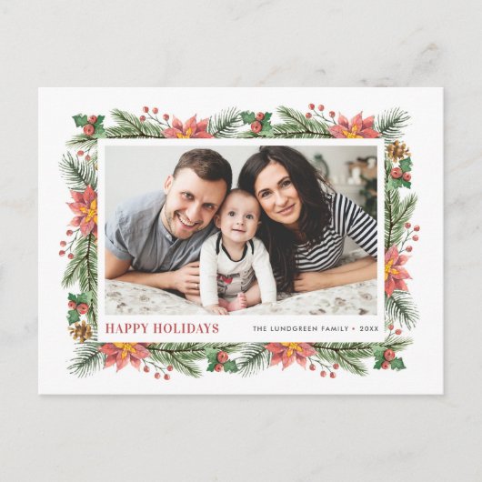 植物性の松の針とポインセチアのフレーム写真 シーズンポストカード (正面)