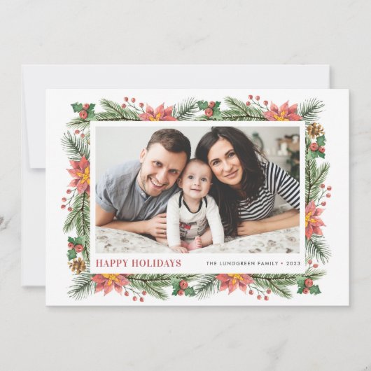 植物性の松の針とポインセチア写真 シーズンカード (正面)