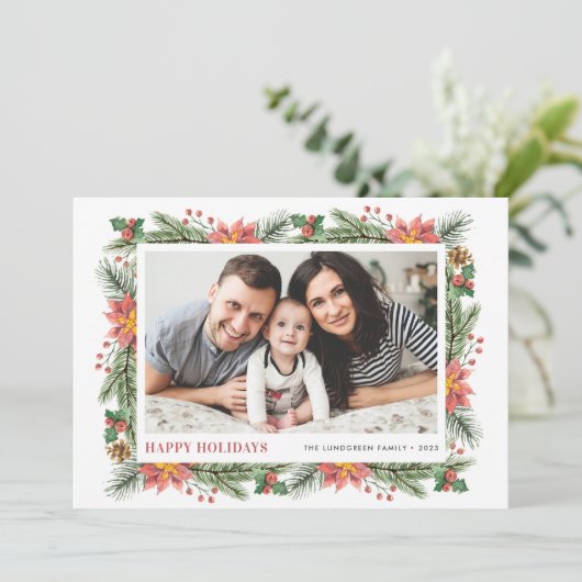 植物性の松の針とポインセチア写真 シーズンカード (スタンド正面)