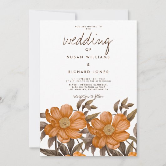 植物性の柔らかい茶色のオレンジ色の夏のフローラ結婚ズ 招待状 (正面)