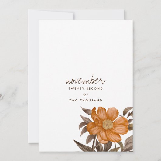 植物性の柔らかい茶色のオレンジ色の夏のフローラ結婚ズ 招待状 (裏面)
