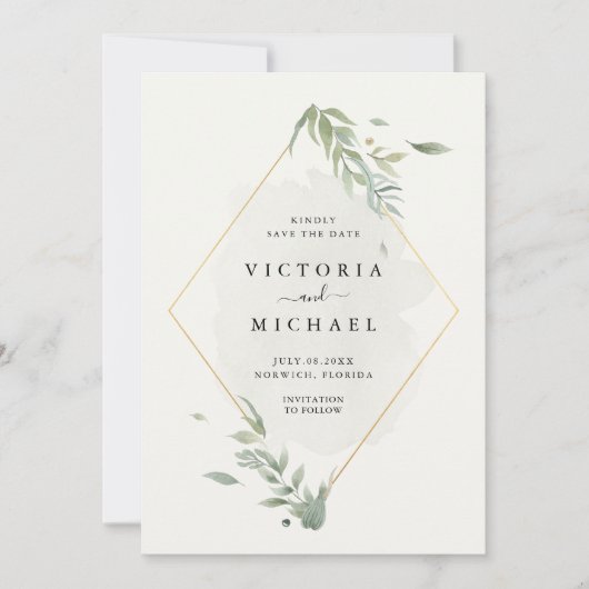 植物性の水の色の葉エレガントな結婚式 セーブザデート (正面)