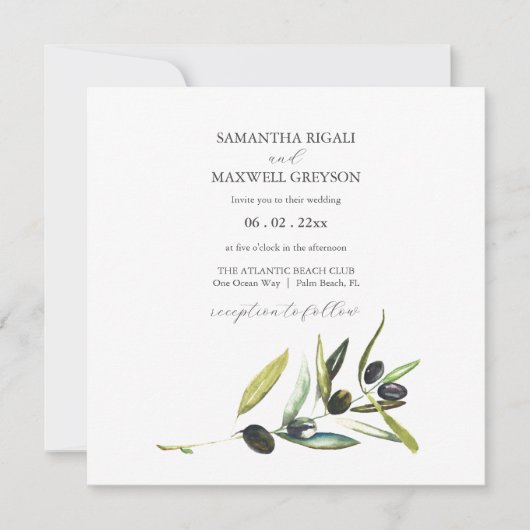 植物性の水の色オリーブ枝の結婚式の招待 招待状 (正面)