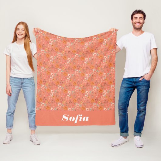 植物性の水彩模様のピンクカスタムオレンジ フリースブランケット (インサイチュ)