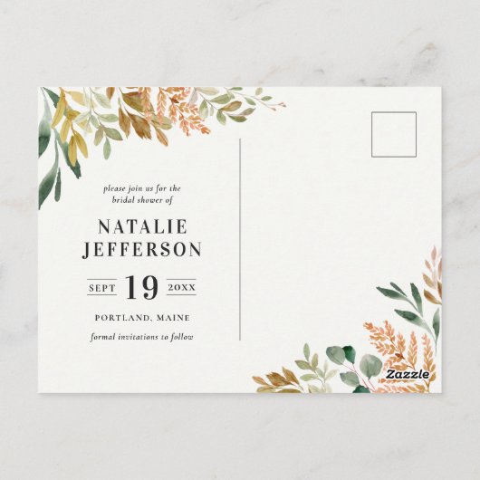 植物性の水色のグリーン金ゴールドブライダルシャワー ポストカード (裏面)