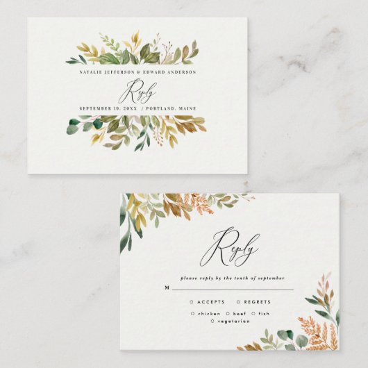 植物性の水色の緑の金ゴールド秋モダン応答 ノートカード (正面/裏面)