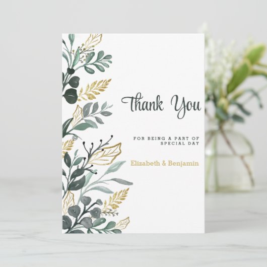 植物性の水色の緑の金ゴールド緑ありがとう 招待状 (スタンド正面)