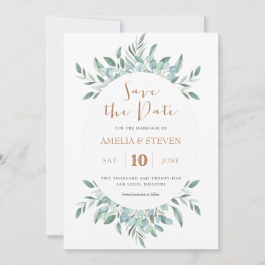 植物性の水色の葉は日付カードを保存 セーブザデート (正面)