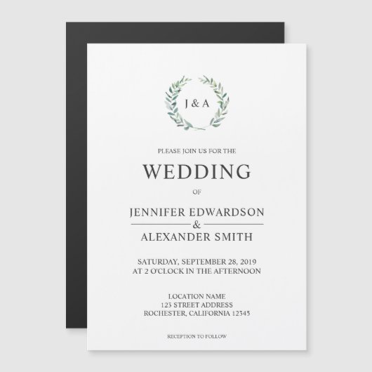 植物性の水色葉のモノグラ結婚ム マグネット招待状 (正面/裏面)