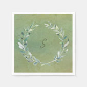 植物性の水色離れの緑モノグラムの スタンダードカクテルナプキン (正面)