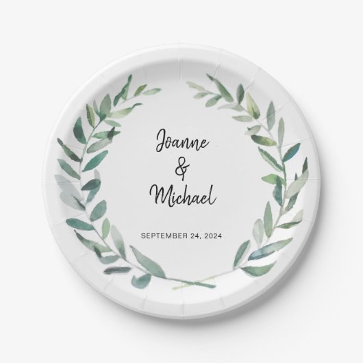 植物性の水葉色の新郎新婦結婚の ペーパープレート (正面)