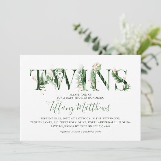 植物性の熱帯性緑色双生児ベビーシャワー 招待状 (スタンド正面)