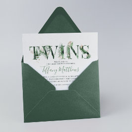 植物性の熱帯性緑色双生児ベビーシャワー 招待状