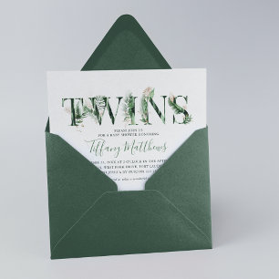 植物性の熱帯性緑色双生児ベビーシャワー 招待状