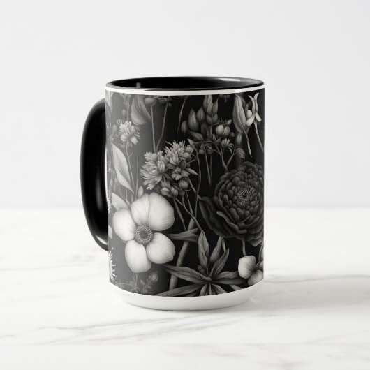 植物性の白と黒の花 マグカップ (正面左)
