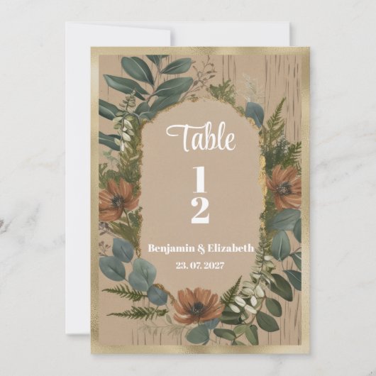 植物性の素朴なウッドランドフローラテーブル番号 招待状 (正面)