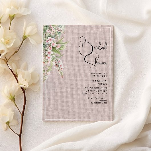 植物性の素朴なピンクのミントフローラブライダルシャワー 招待状