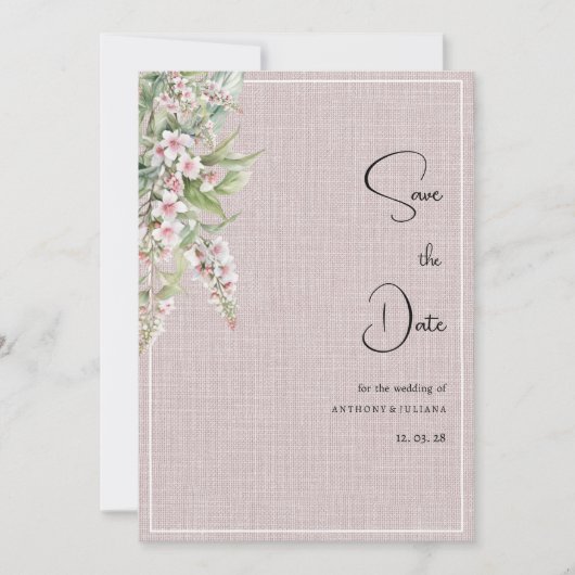 植物性の素朴なピンクのミントフローラ日付を保存 招待状 (正面)