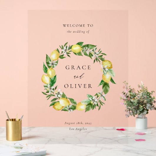 植物性の緑とレモンリースサマー結婚ズ アクリルサイン (ウェディング)