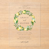 植物性の緑とレモンリースサマー結婚ズ アクリル招待状 (正面)